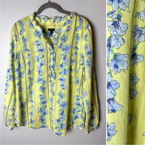 Talbots Tops - Talbots Blouse Size Large Petite Top Long Sleeves Ruffles Popover Floral Yellow